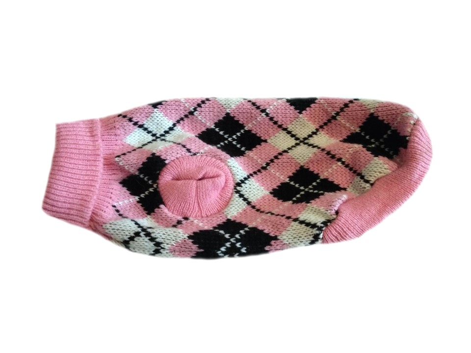 Rózsaszín kötött kutyaruha, pulóver. Háthossz 26 cm. 