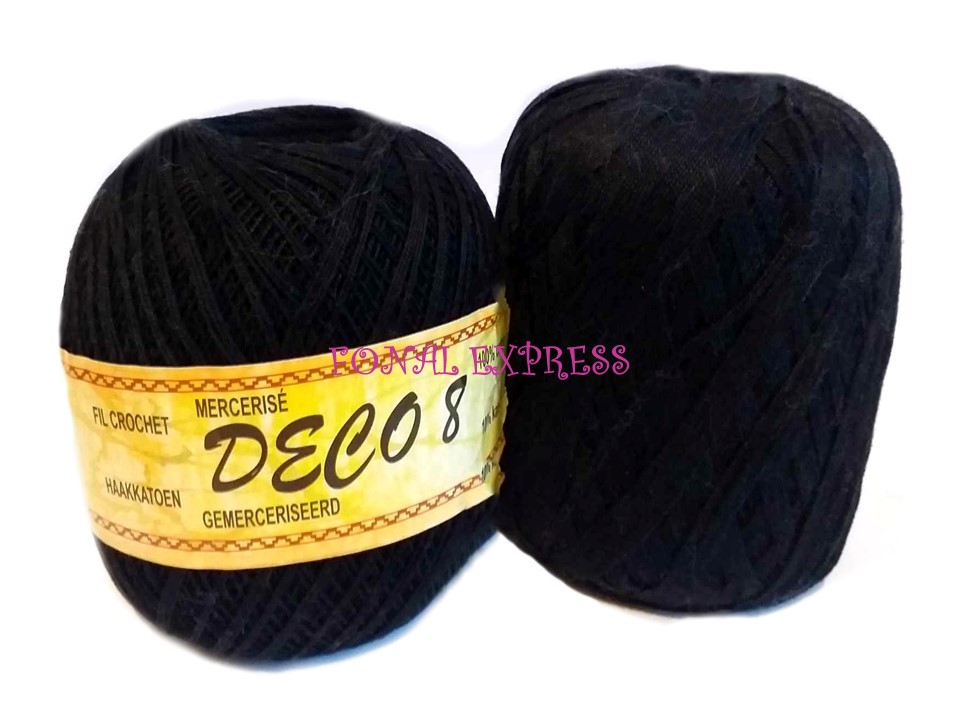 200 g DECO fekete mercerizált 100% pamut horgoló fonal. 100 g 560 m. Tű 2,5-3 mm. 