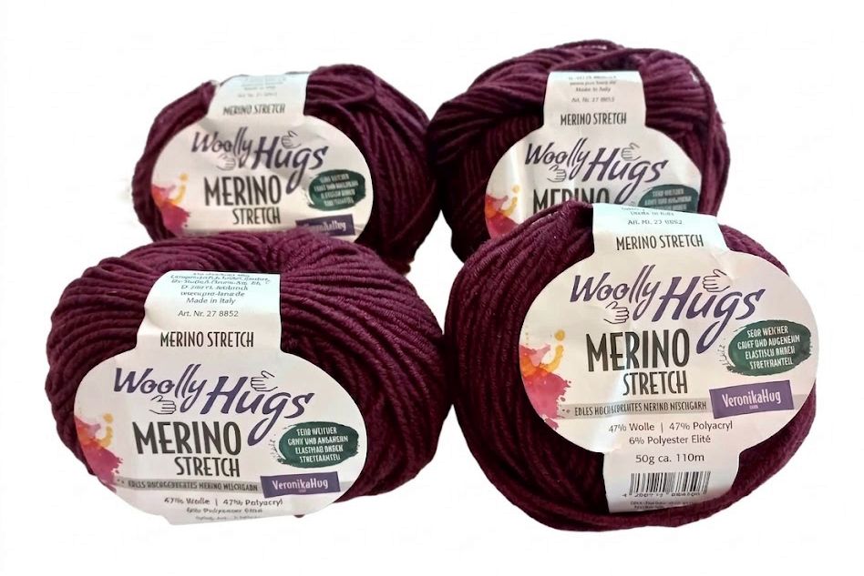 200 g Wooly Hugs Merino stretch bordó gyapjú akril fonal. 50 g 110 m. Tű 3,5-4,5 mm.
